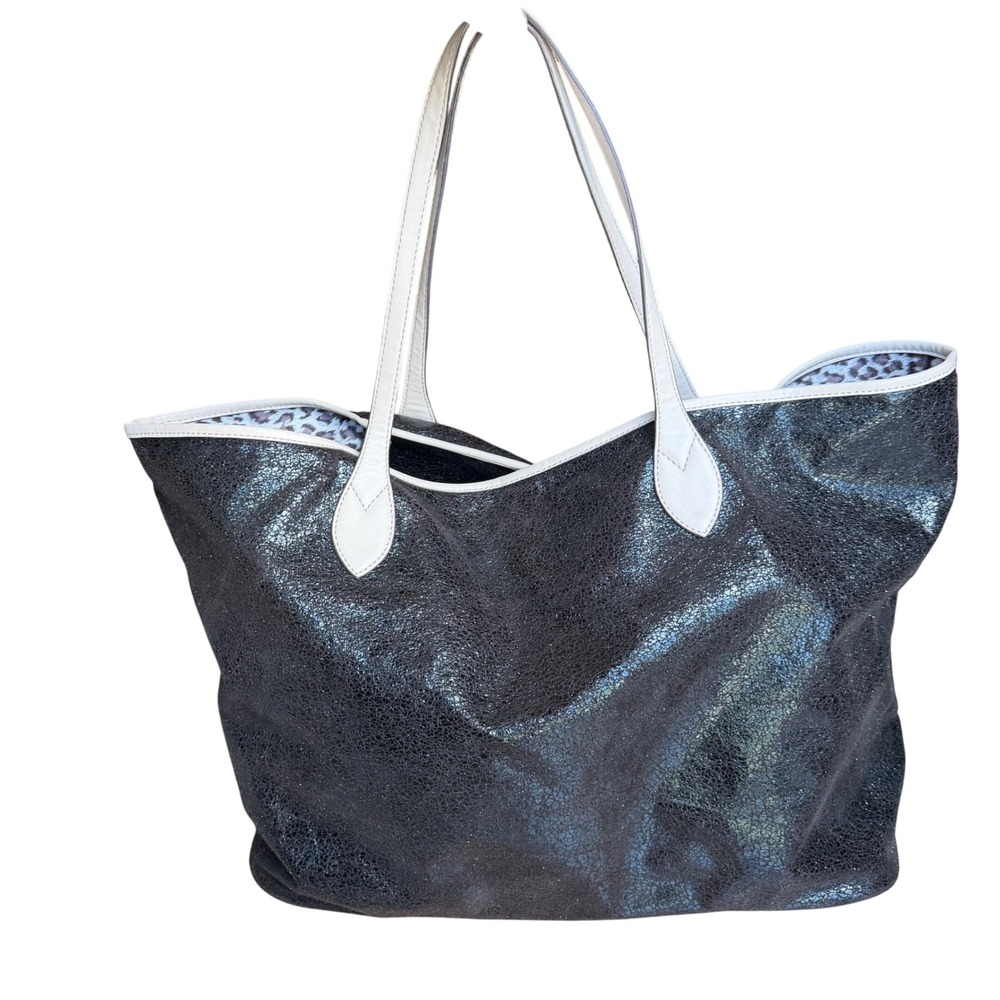 Sorial New York Tote Bag Black Cracked Metallic Leather Leopard Print Large L